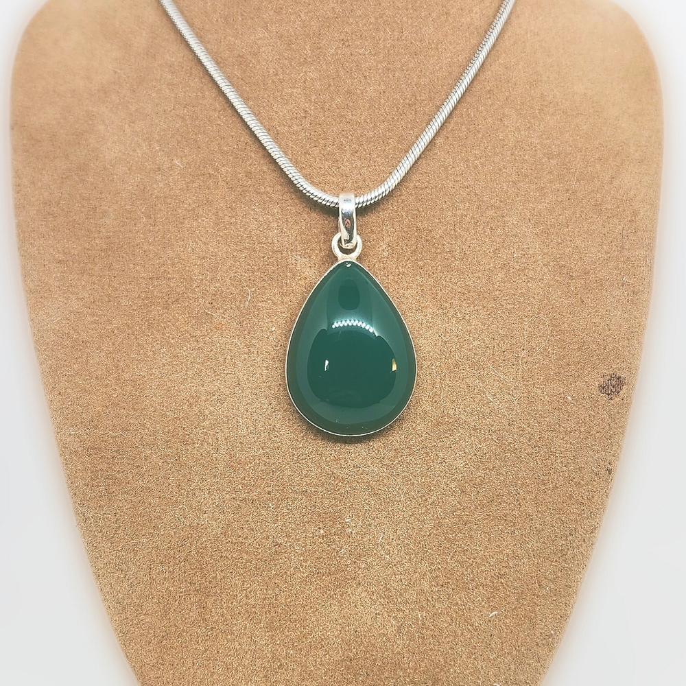Green Agate Gemstone and Sterling Silver Teardrop Pendant